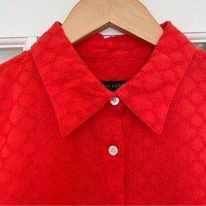 Talbots red orange broderie anglaise 100% cotton collared button up shirt medium